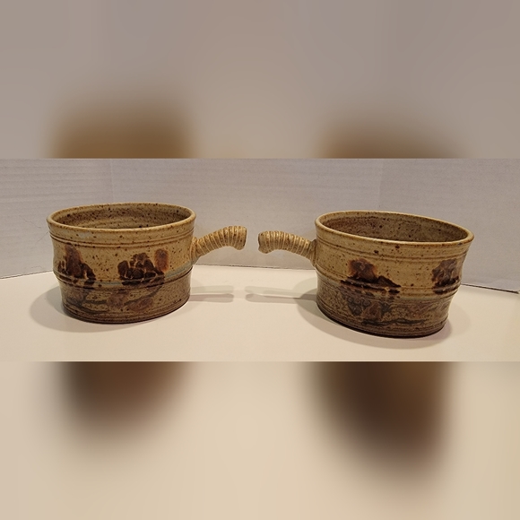Petrakovitz Art Studio Pottery Pair of Soup Bowls w/Handles. Handmade Signed